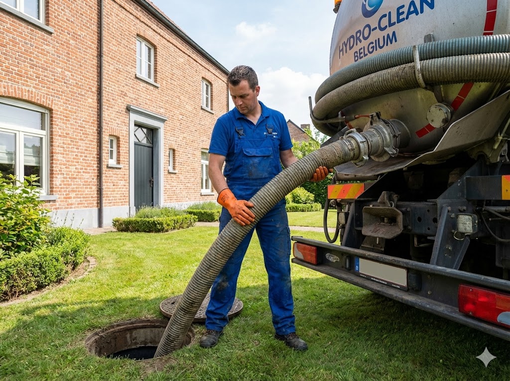 Technicien effectuant la vidange d'une fosse septique avec le tuyau d'un camion hydrocureur dans un jardin à Charleroi