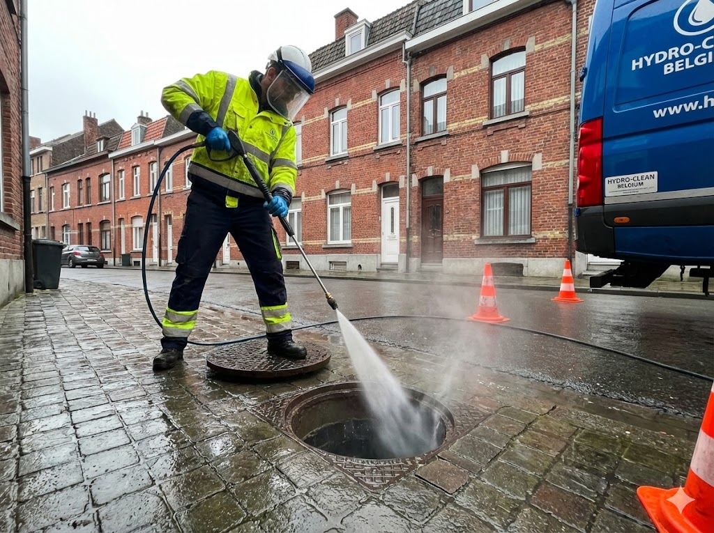 Déboucheur local disponible à Charleroi Centre montrant la zone d'intervention Hainaut sur tablette devant une rue de briques rouges