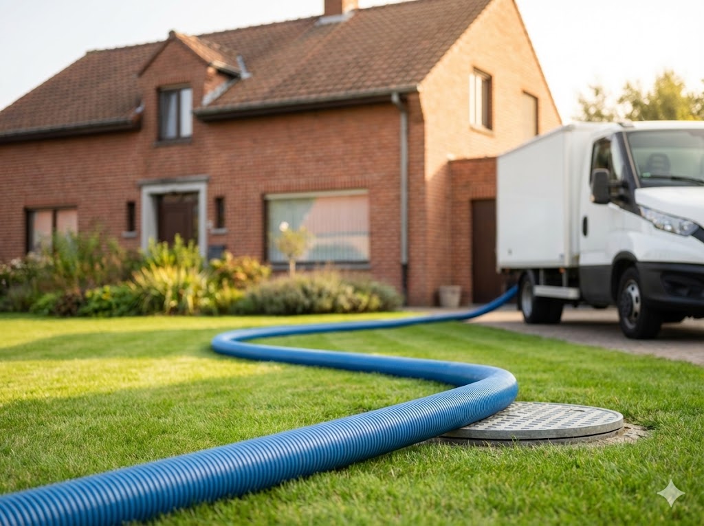 Vidange de fosse septique avec tuyau longue distance pour maison individuelle en zone semi-rurale au Nord de Charleroi