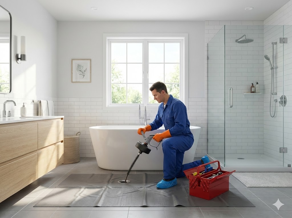 Intervention débouchage sanitaire propre et soigné (baignoire, douche) dans une salle de bain moderne à Marcinelle
