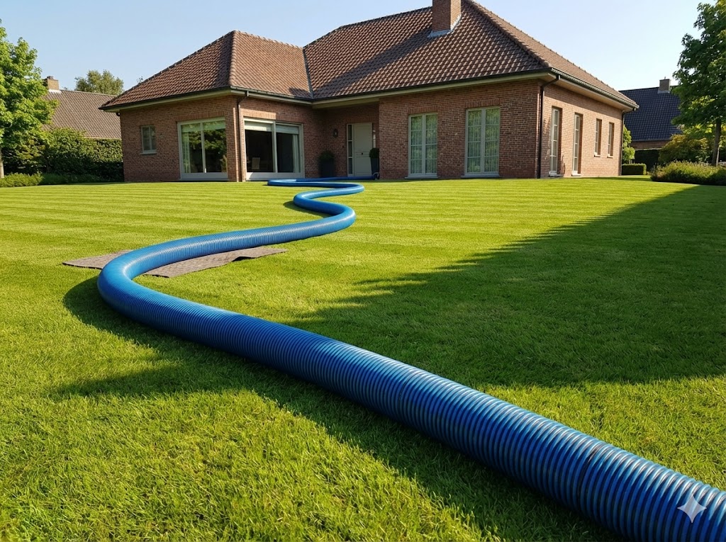 Vidange de fosse septique et nettoyage de puits perdu avec tuyau longue distance préservant la pelouse d'une villa