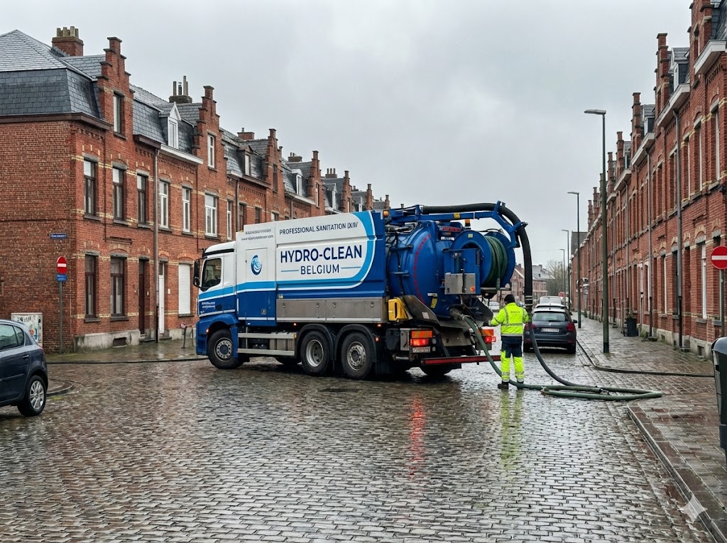 Gros camion hydrocureur intervenant dans une rue étroite et pavée de centre-ville pour un débouchage urbain complexe