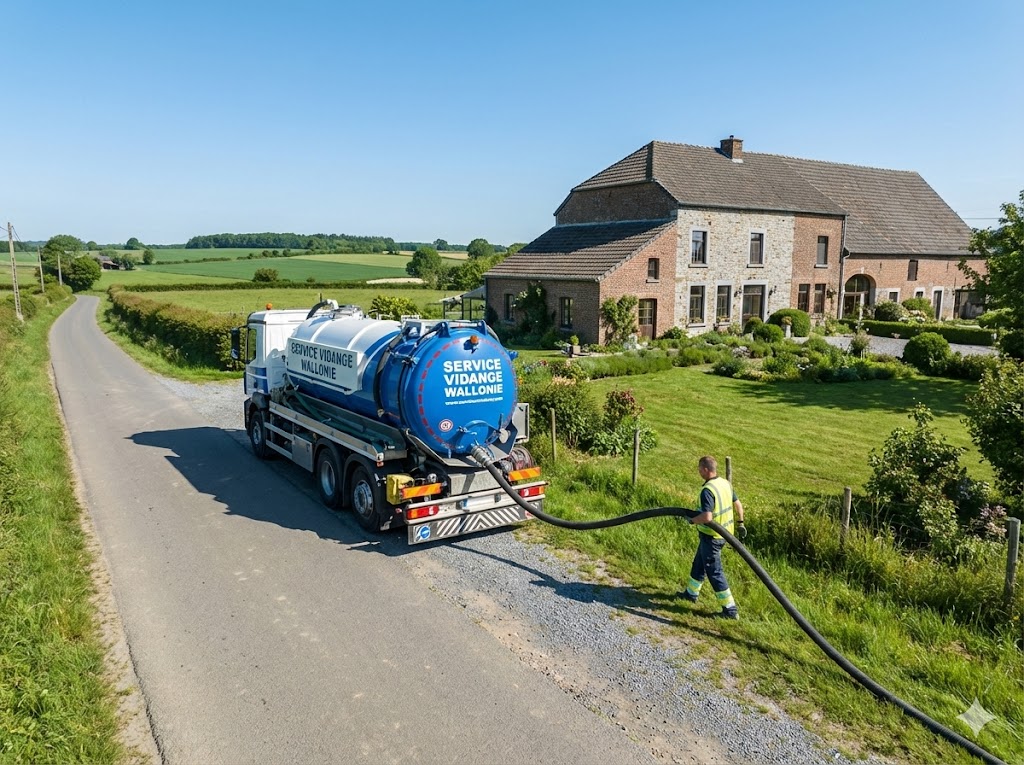 Camion de vidange circulant sur une route de campagne dans le Hainaut pour atteindre une fosse septique en zone rurale