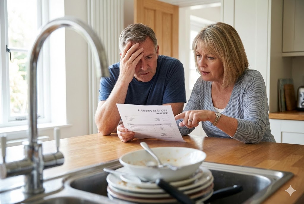 Couple de locataires inquiets consultant une facture de débouchage dans leur cuisine pour vérifier qui du propriétaire ou du locataire doit payer