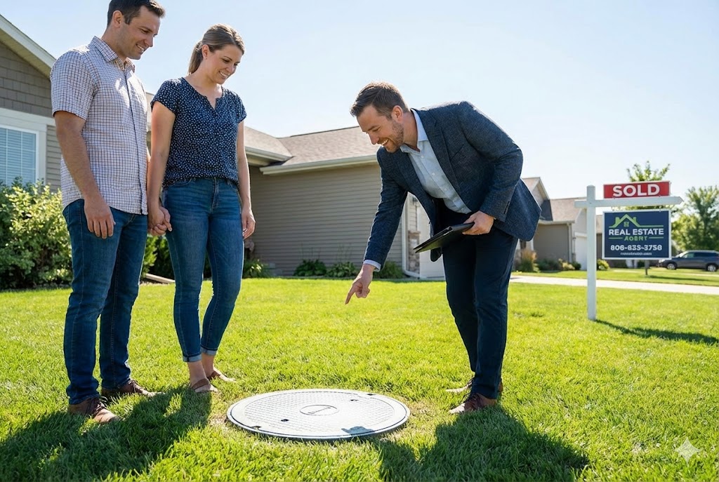 Agent immobilier montrant l'emplacement de la fosse septique à un couple d'acheteurs devant une maison vendue pour éviter les vices cachés