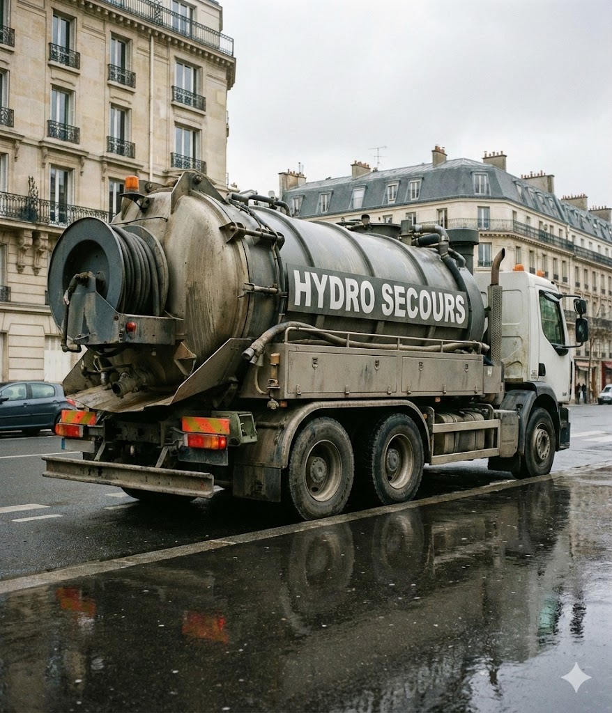 Camion de débouchage Hydro-Secours prêt à intervenir en urgence à Charleroi et dans le Hainaut.