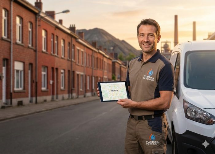 Technicien déboucheur local devant rue typique de Charleroi montrant zone intervention Hainaut sur tablette