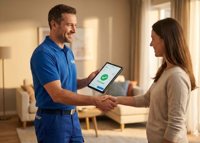 Technicien présentant un tarif de débouchage forfaitaire transparent sur tablette à une cliente zone 6000