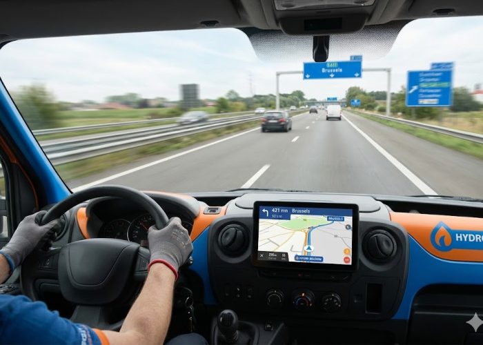 Technicien déboucheur mobile dans toute la province de Hainaut présentant sa zone d'intervention sur tablette devant un paysage industriel typique